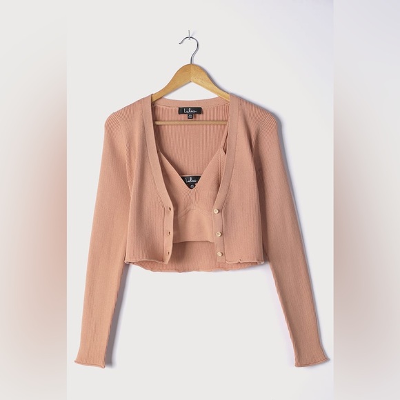 Lulus// Two Cute Peach Ribbed Knit Crop Top and Cardigan Sweater Set - Picture 7 of 12